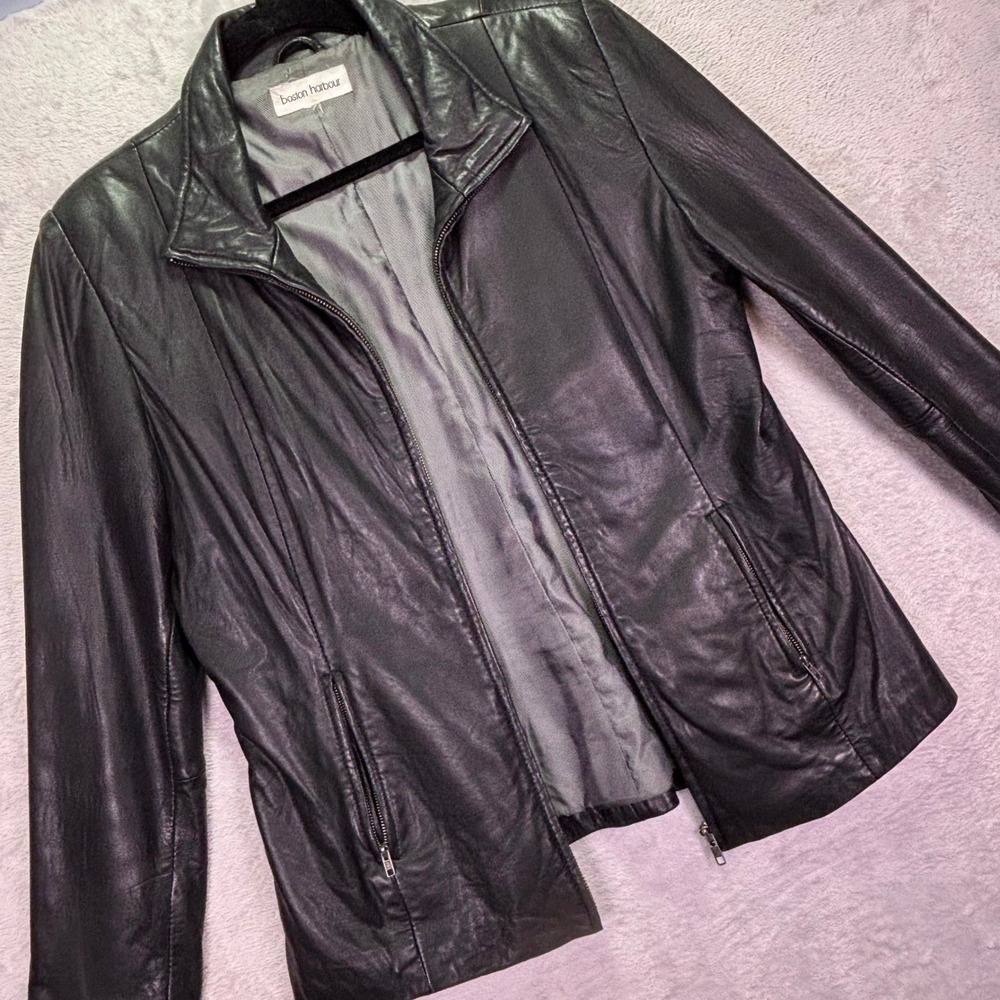 Boston Harbour Womens Jacket Sz L Black Genuine Leather Zip Up Collared‎ Blazer